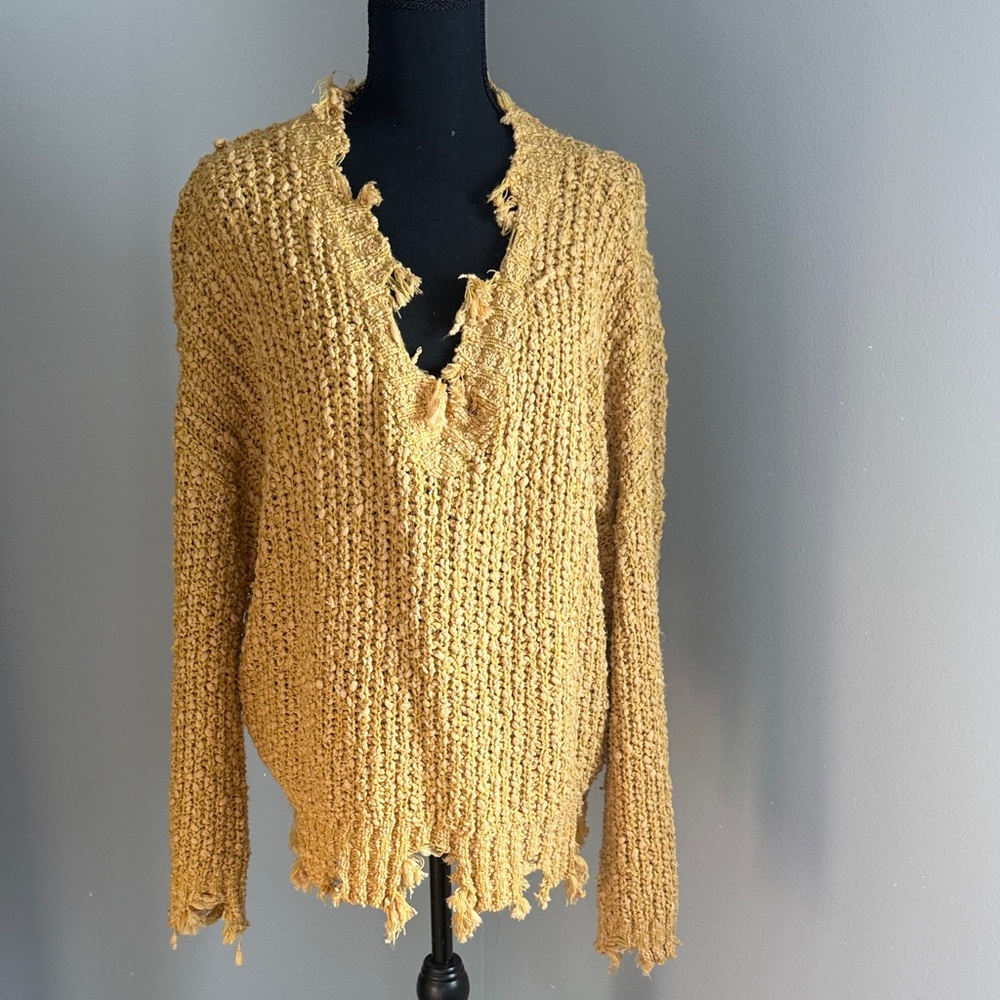 Wishlist Mustard V-Neck Distressed Sweater